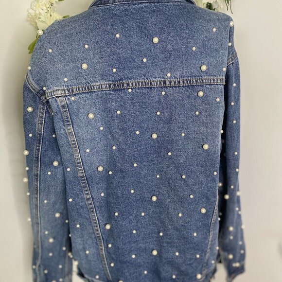 Sunset + Spring Denim Jacket Pearl Embellishment Bride Embroidered Size L NWOT - Picture 11 of 16